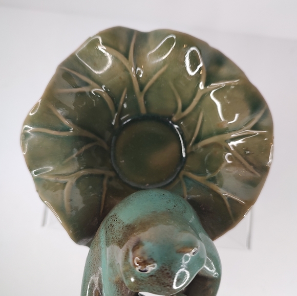 Art Pottery Frog Playing Horn On Lily Pad Planter Frog Green Garden - Picture 3 of 8